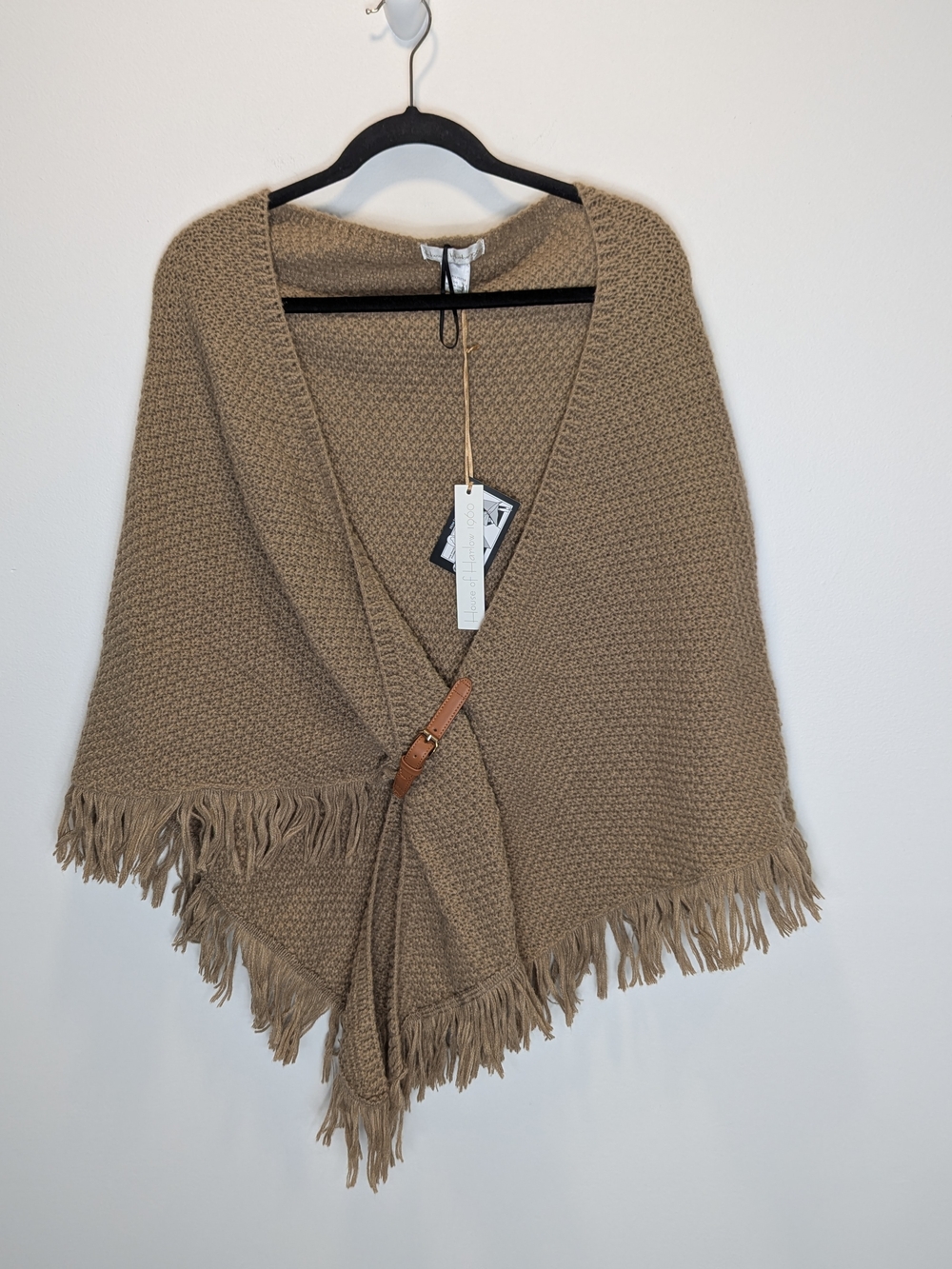 House of Harlow 1960 Taupe Fringe Knit Shawl Wrap Leather Buckle O/S NWT Boho